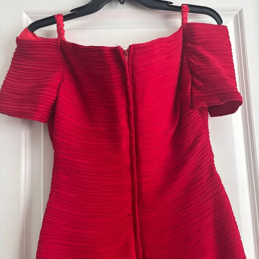 Vintage Bari Jay 80s 90s Red Crinkle Pleated Off Shoulder Prom Midi Dress 5/6